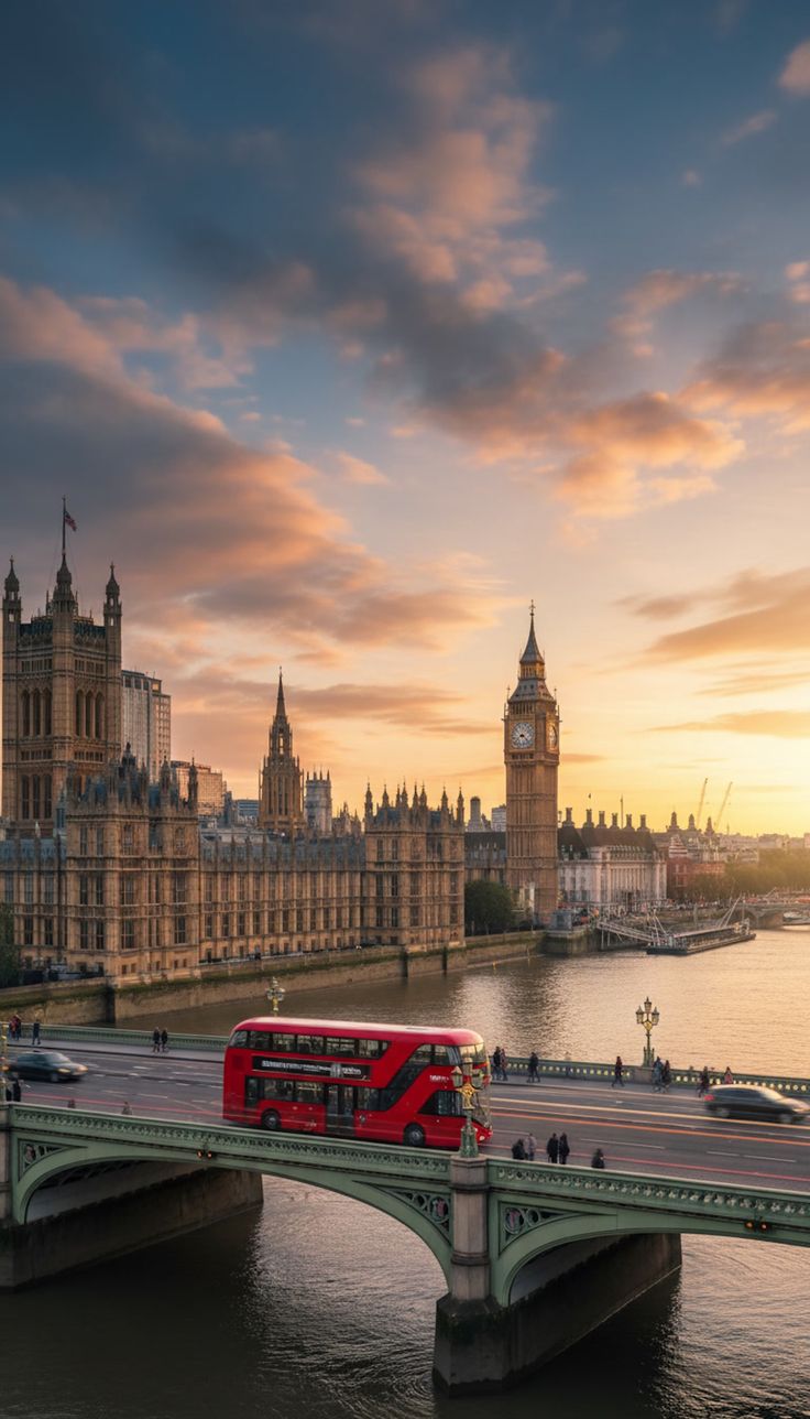 London city skyline with Big Ben and red double-decker bus representing English language programs abroad