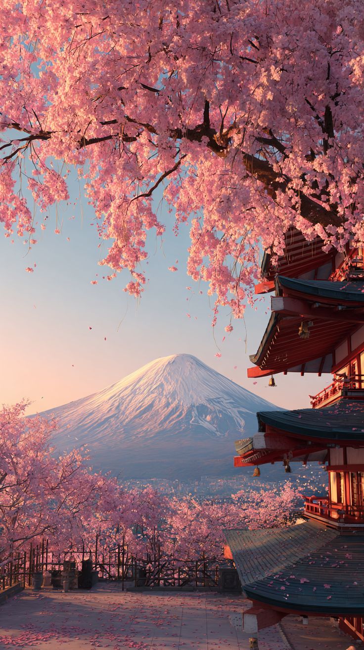 Mount Fuji and cherry blossoms representing Japanese language study abroad programs