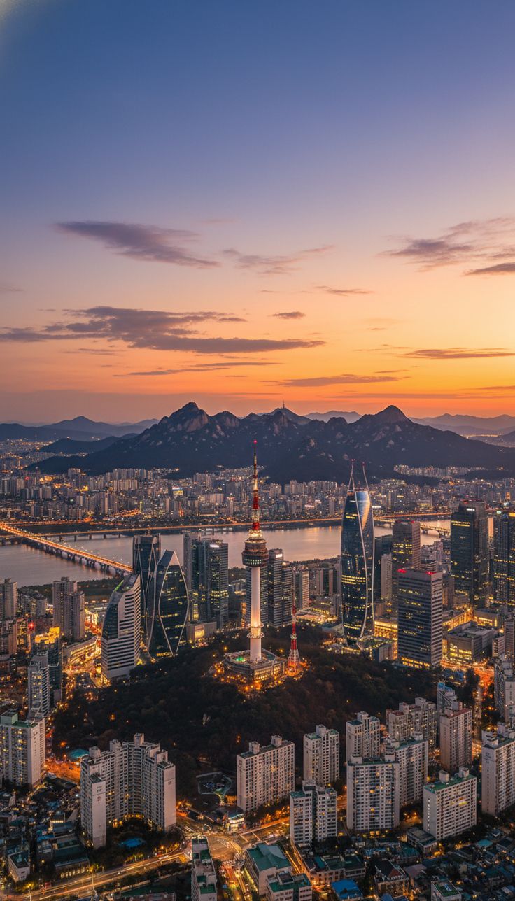 Seoul skyline at sunset representing Korean language programs in South Korea